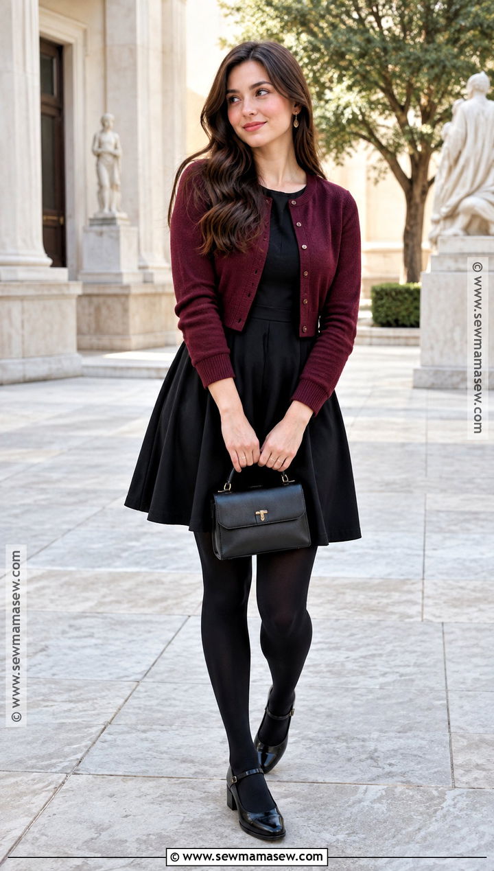 Black Dress With Cropped Cardigan And Mary Jane Shoes - 20 black dress outfit fall ideas