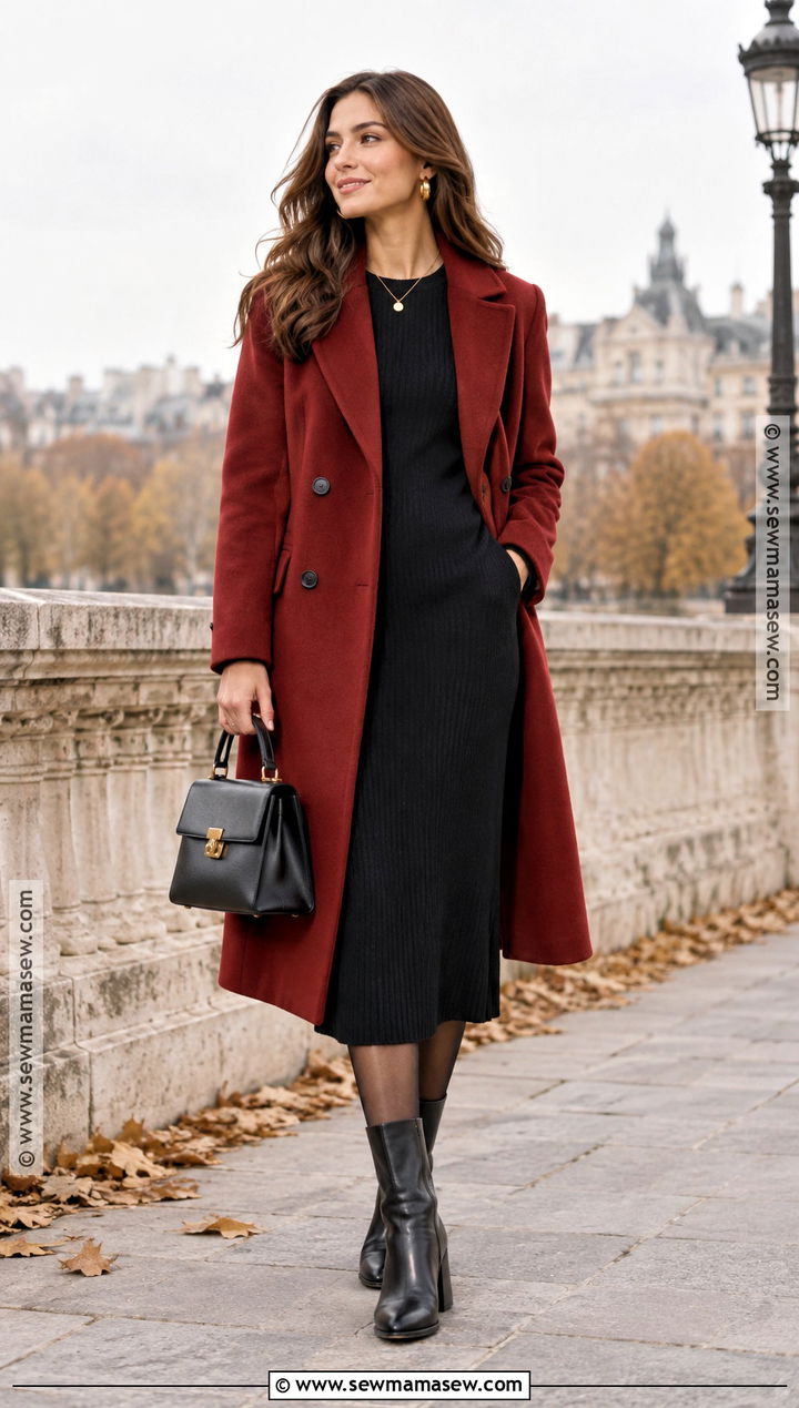 Black Dress With Red Coat And Heeled Boots - 25 black dress fall outfit ideas