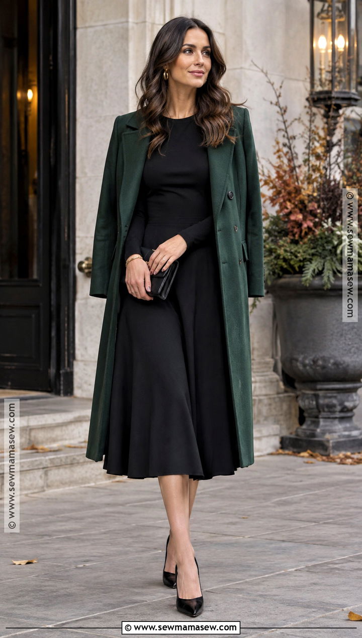 Black Dress With Statement Coat Outfit - 15 Wedding Guest Fall Outfit Classy Ideas