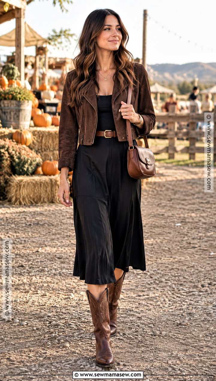 Black Dress With Suede Jacket And Western Boots - 20 black dress outfit fall ideas