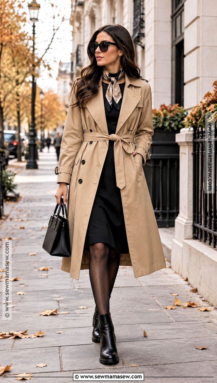 Black Dress With Trench Coat And Chelsea Boots - 20 black dress outfit fall ideas