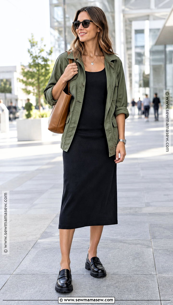 Black Dress and Utility Jacket Outfit - 15 casual summer to fall transition outfits