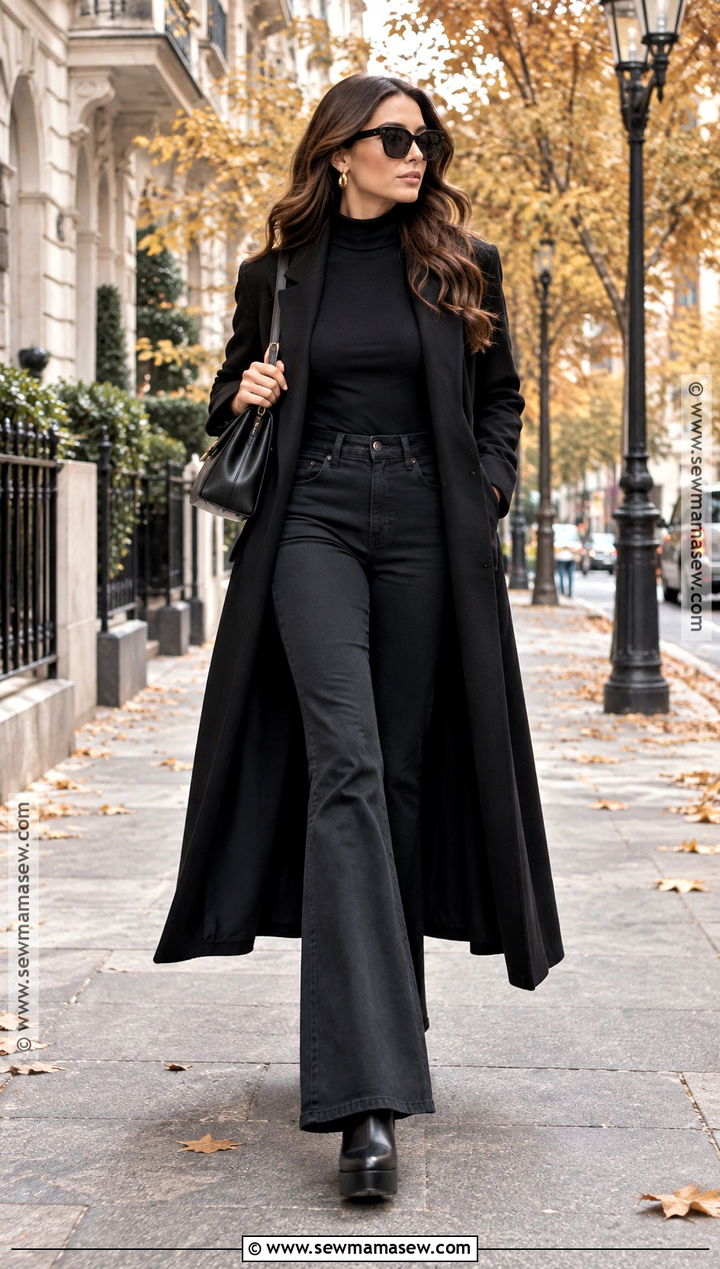 Black Duster Coat And Flared Jeans Outfit - 15 Autumn Black Outfit Style Ideas