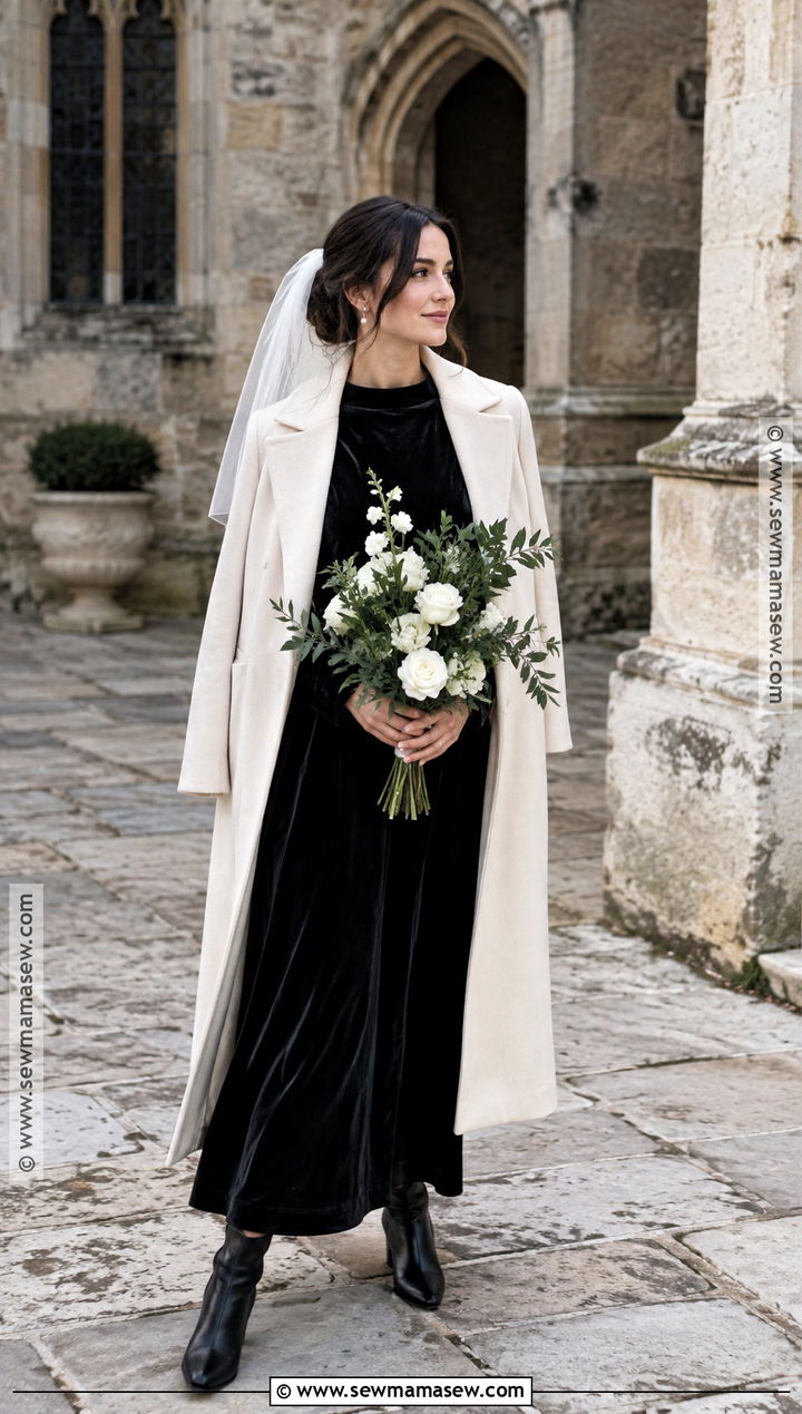 Black Elopement Dress With Ivory Coat - 15 November Elopement Dress Ideas