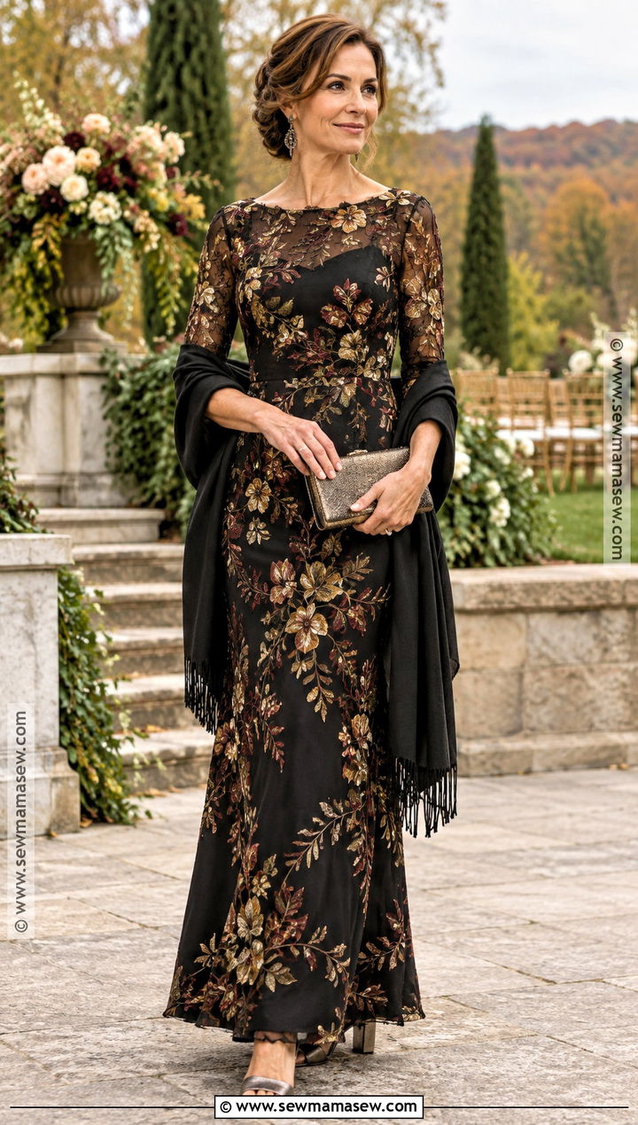 Black Embroidered Mother of the Groom Gown With Metallic Heels - 20 mother of the groom dresses for fall outdoor