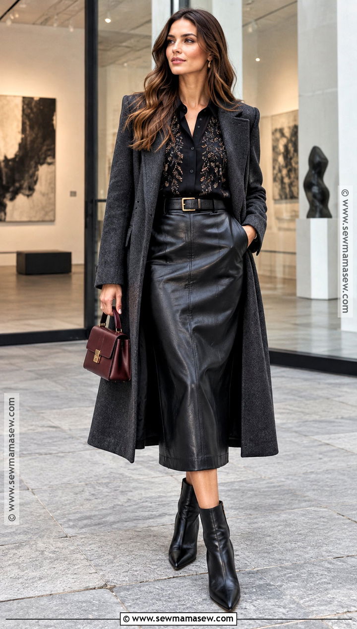 Black Embroidered Shirt With Leather Midi Skirt - 15 Fall Embroidered Shirts