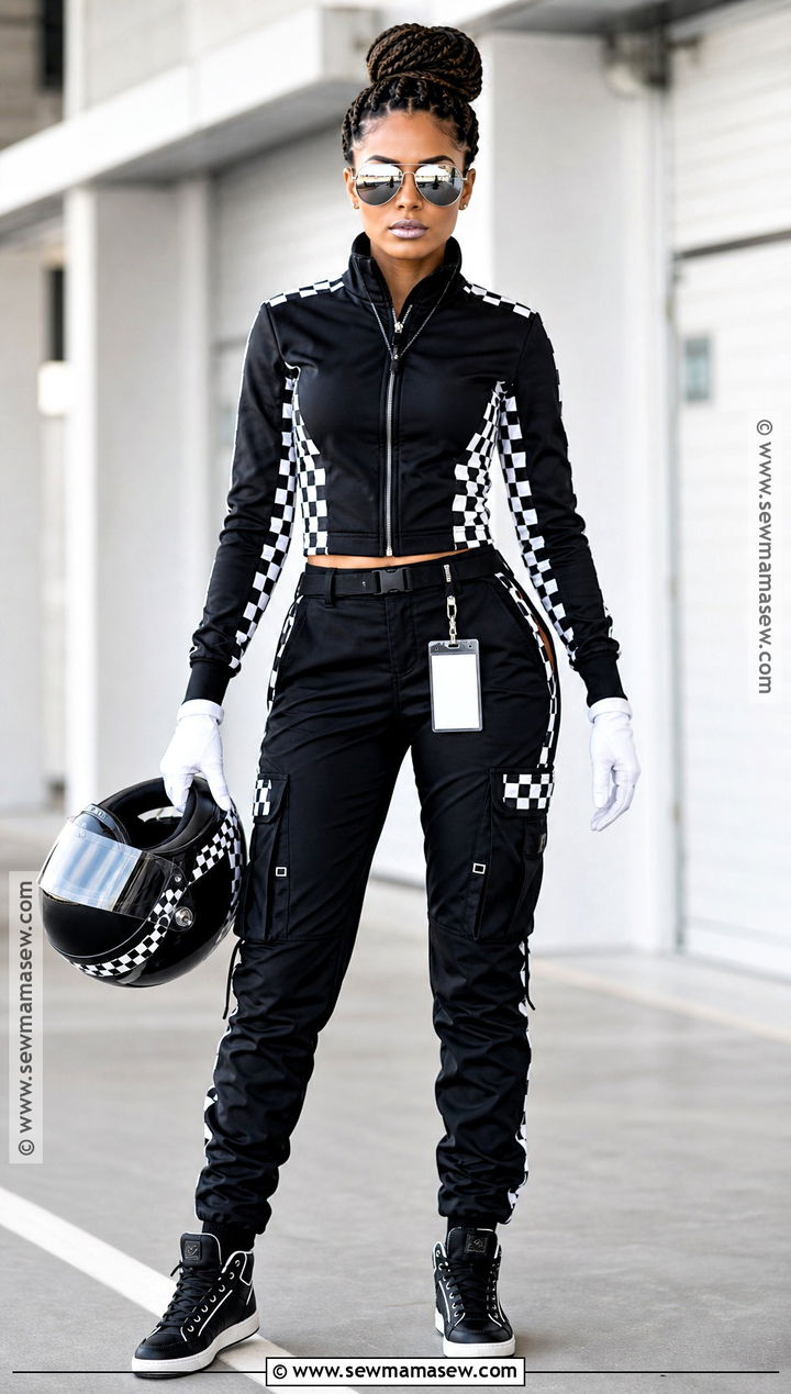 Black F1 Driver Costume With Checkered Details - 30 F1 Driver Costume Ideas for Women