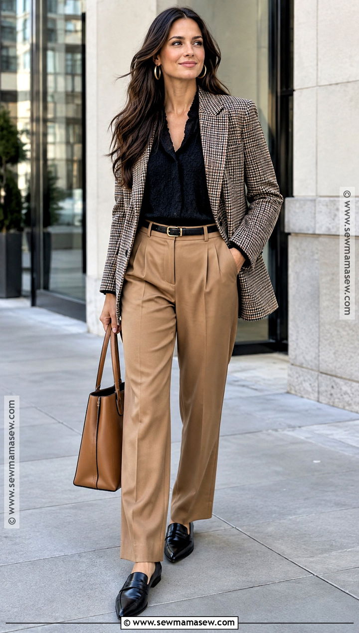 Black Fall Blouse With Camel Trousers - 20 fall blouse ideas