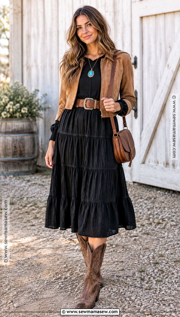 Black Fall Country Dress With Cowboy Boots - 15 Fall Country Dresses