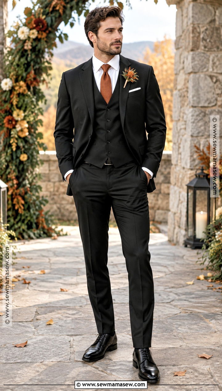 Black Fall Groom Suit With Burnt Orange Tie - 15 fall groom wedding attire ideas