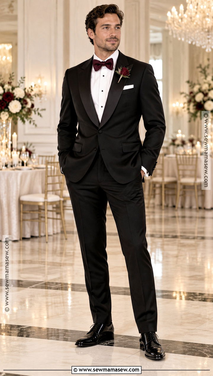 Black Fall Groom Tuxedo With Burgundy Accents - 15 fall groom outfit ideas