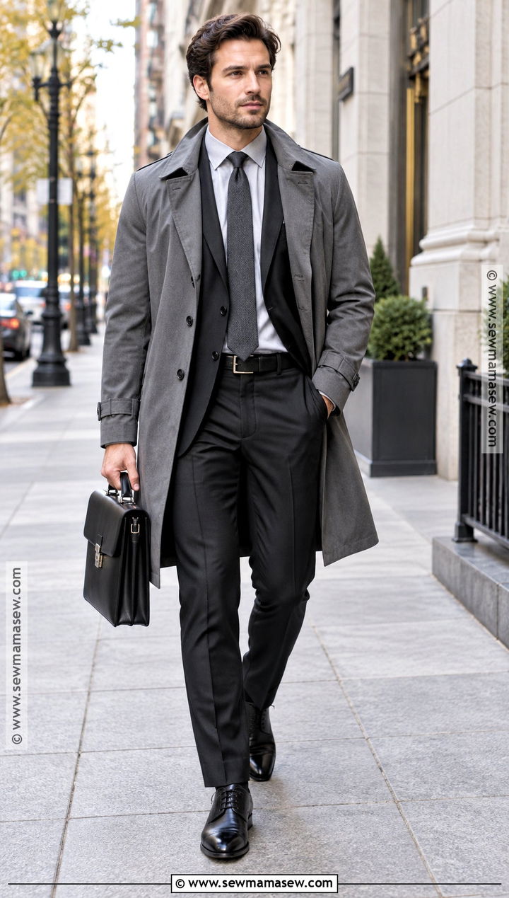 Black Fall Suit With Gray Trench Coat - 15 Formal Mens Fall Fashion Ideas