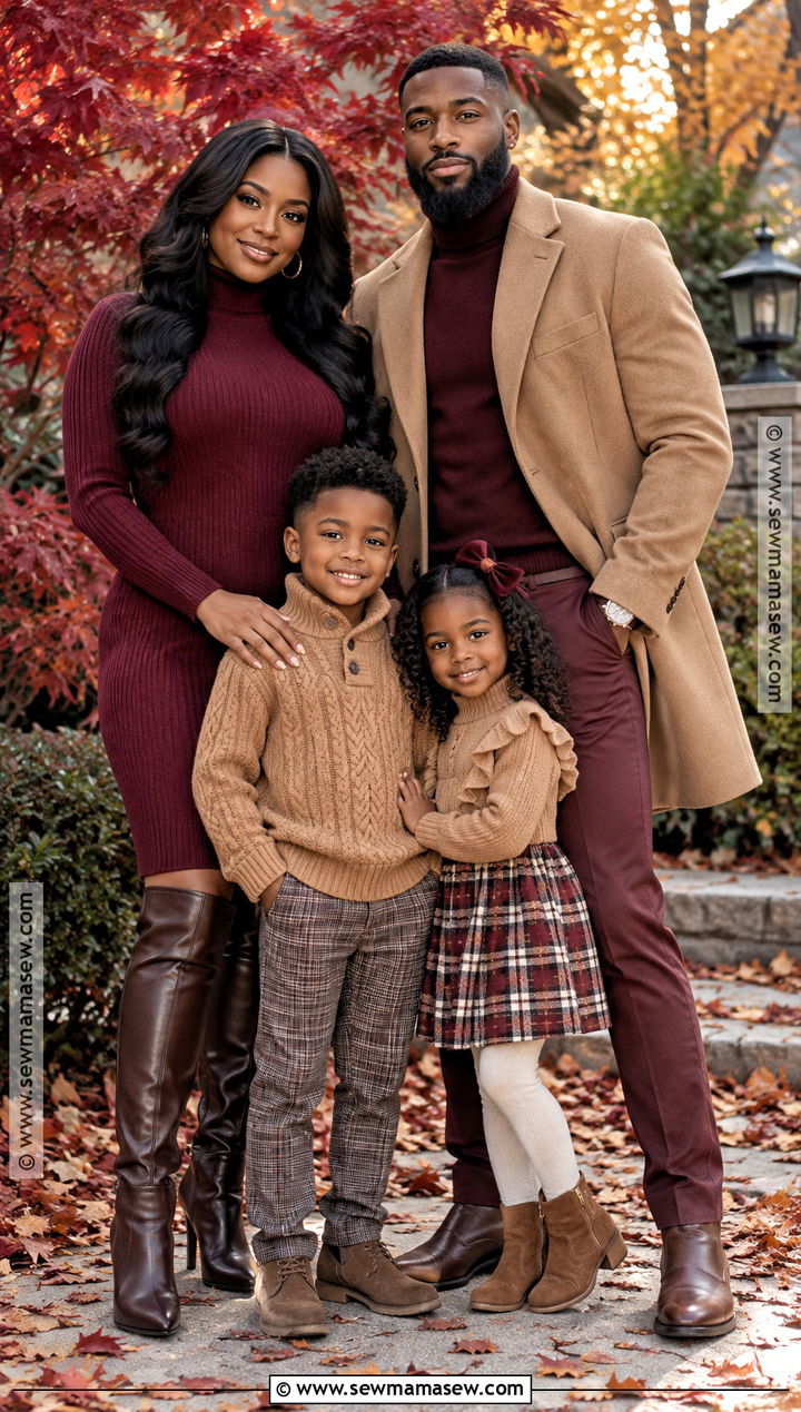 Black Family Fall Photoshoot Outfits in Burgundy and Camel - 15 black family fall photoshoot outfits
