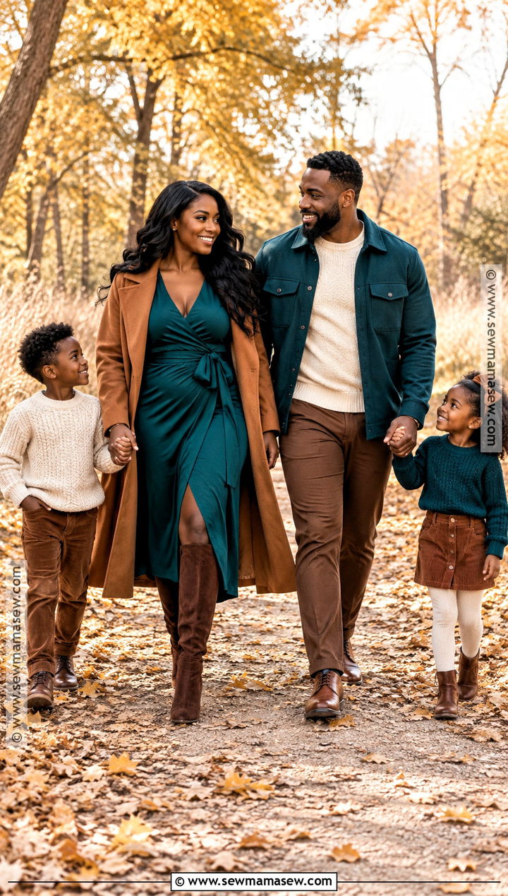Black Family Fall Photoshoot Outfits in Deep Teal and Brown - 15 black family fall photoshoot outfits