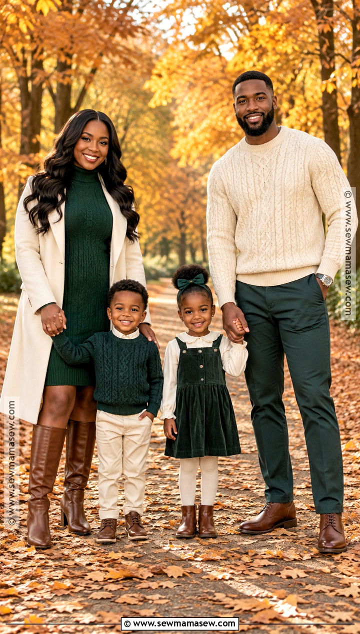 Black Family Fall Pictures Outfits In Forest Green And Cream - 25 black family fall pictures outfits