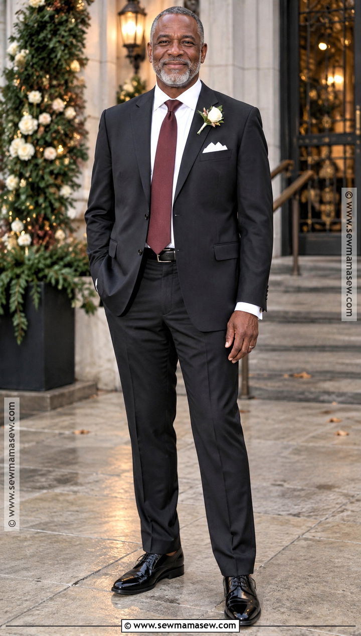 Black Father Of The Bride Suit With Burgundy Tie - 15 Fall Wedding Father Of The Bride Outfit Ideas