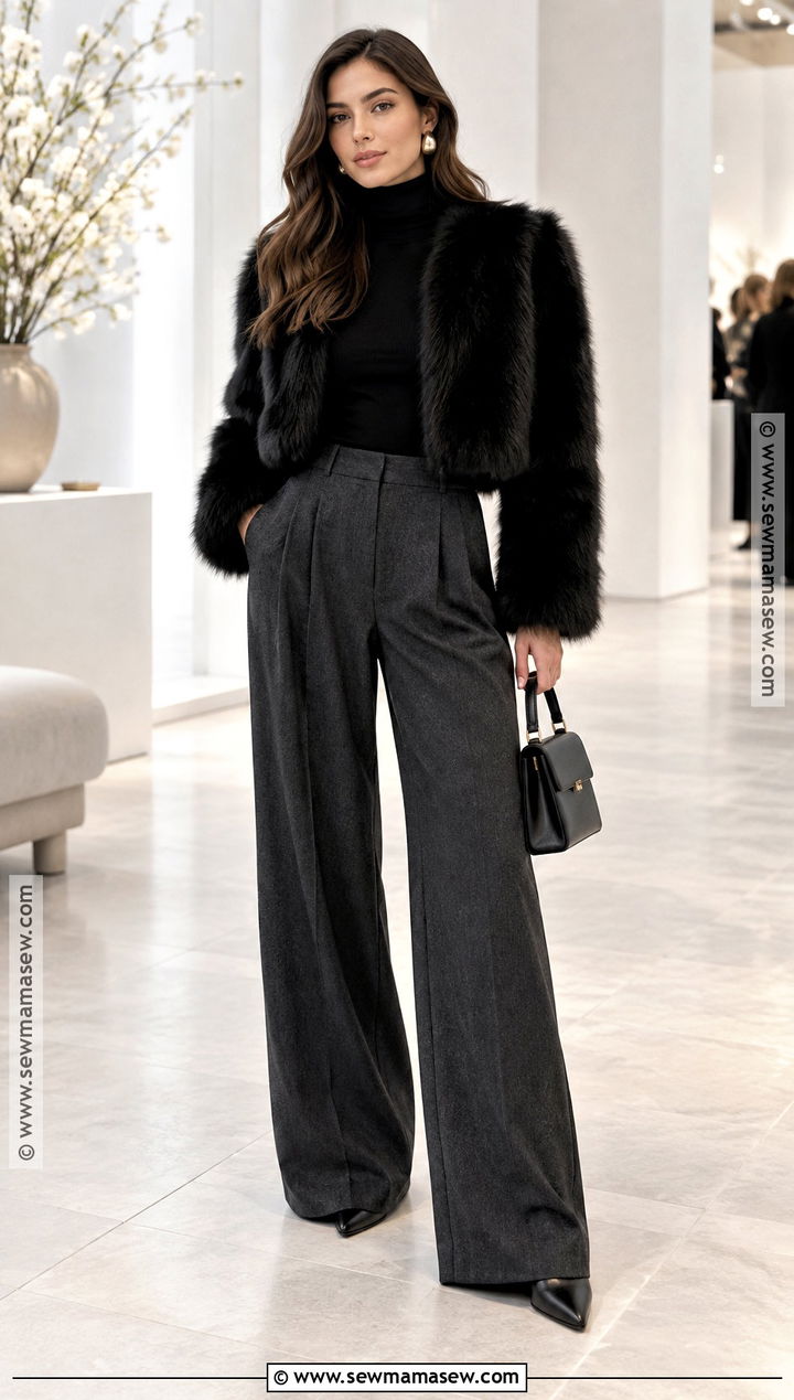 Black Faux Fur Jacket And Wide Leg Pants Outfit - 20 dark fall aesthetic outfits