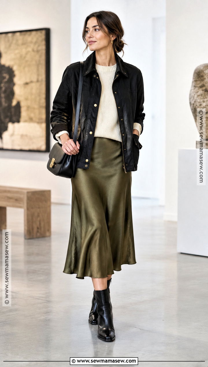 Black Field Jacket With Satin Skirt - 20 black jacket fall outfit ideas