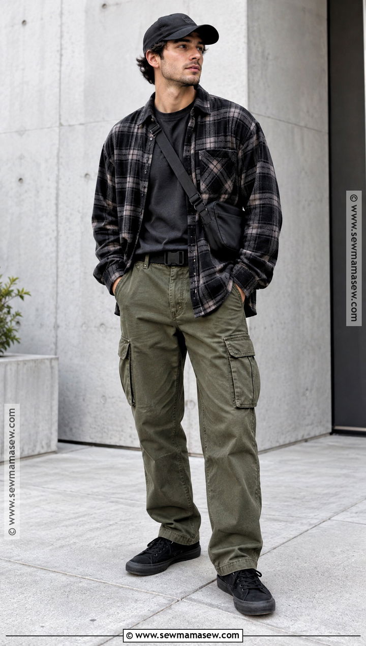 Black Flannel Outfit With Cargo Pants - 15 guys fall outfits flannel