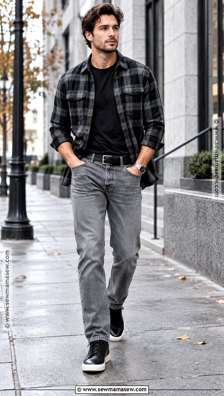 Black Flannel Outfit With Gray Jeans - 15 flannel outfits men fall