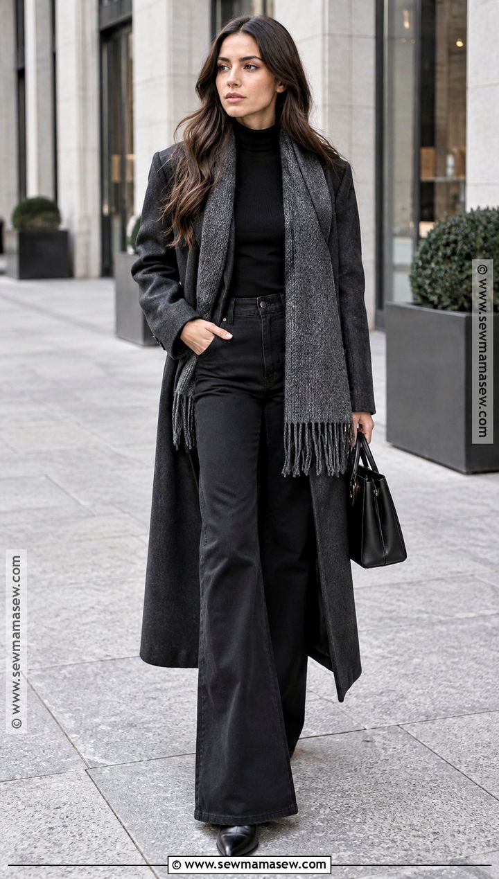 Black Flare Jeans With Monochrome Layers - 20 flare jeans outfit autumn
