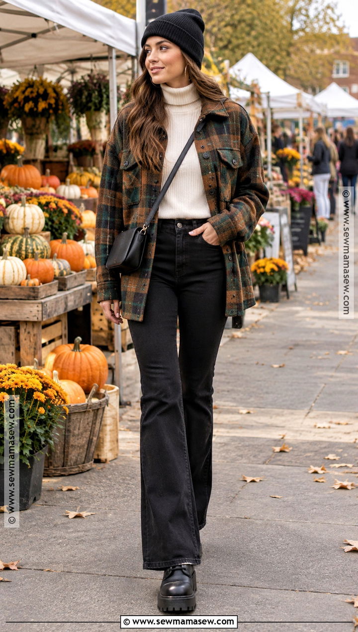 Black Flare Jeans With Plaid Shacket And Lug Boots - 20 Fall Outfits Flare Jeans