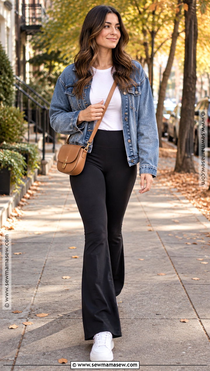Black Flare Leggings With A Denim Jacket - 20 Black Flare Leggings Outfit Fall