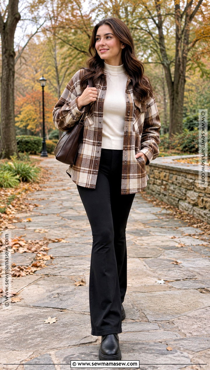 Black Flare Leggings With A Plaid Shacket - 20 Black Flare Leggings Outfit Fall