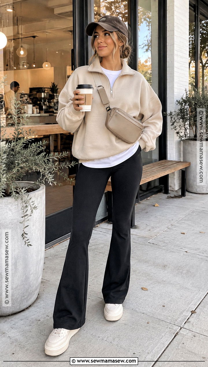 Black Flare Leggings With A Quarter Zip Sweatshirt - 20 Black Flare Leggings Outfit Fall