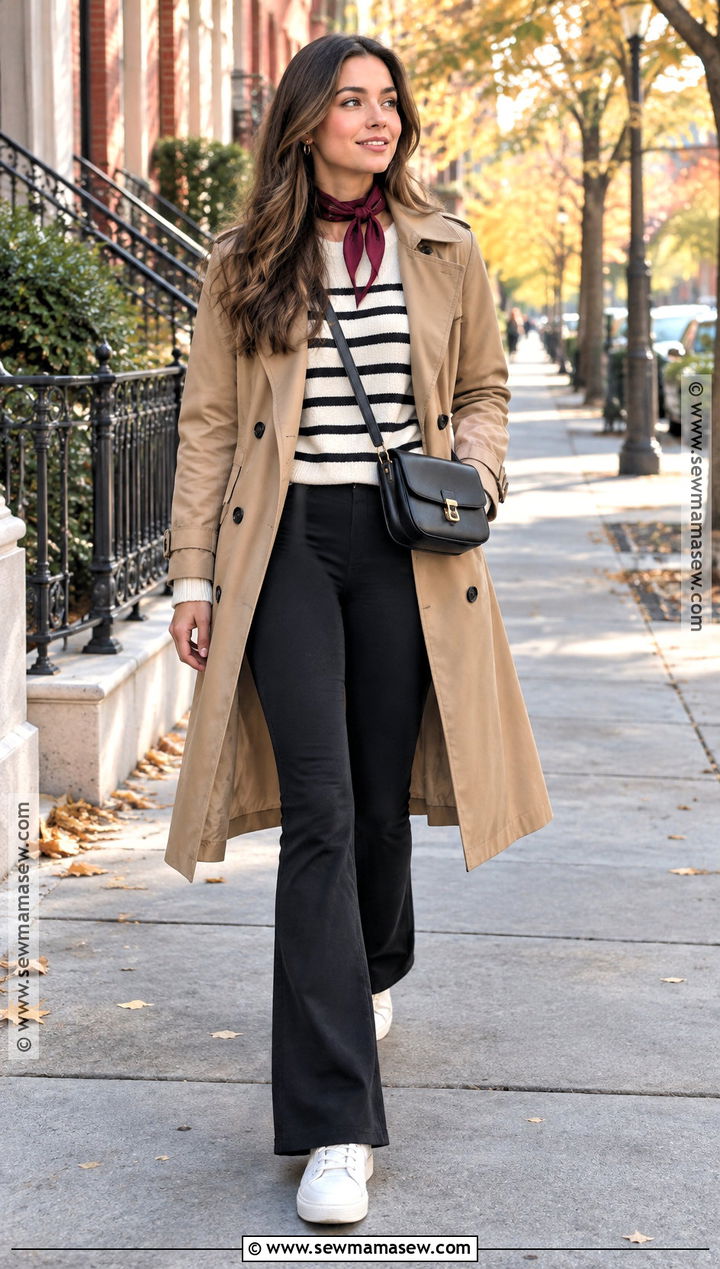Black Flare Leggings With A Striped Sweater - 20 Black Flare Leggings Outfit Fall