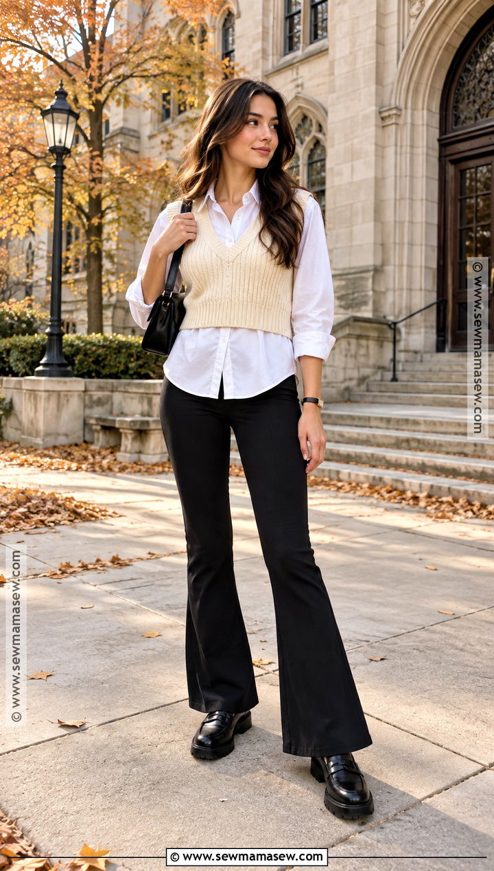 Black Flare Leggings With A Sweater Vest - 20 Black Flare Leggings Outfit Fall