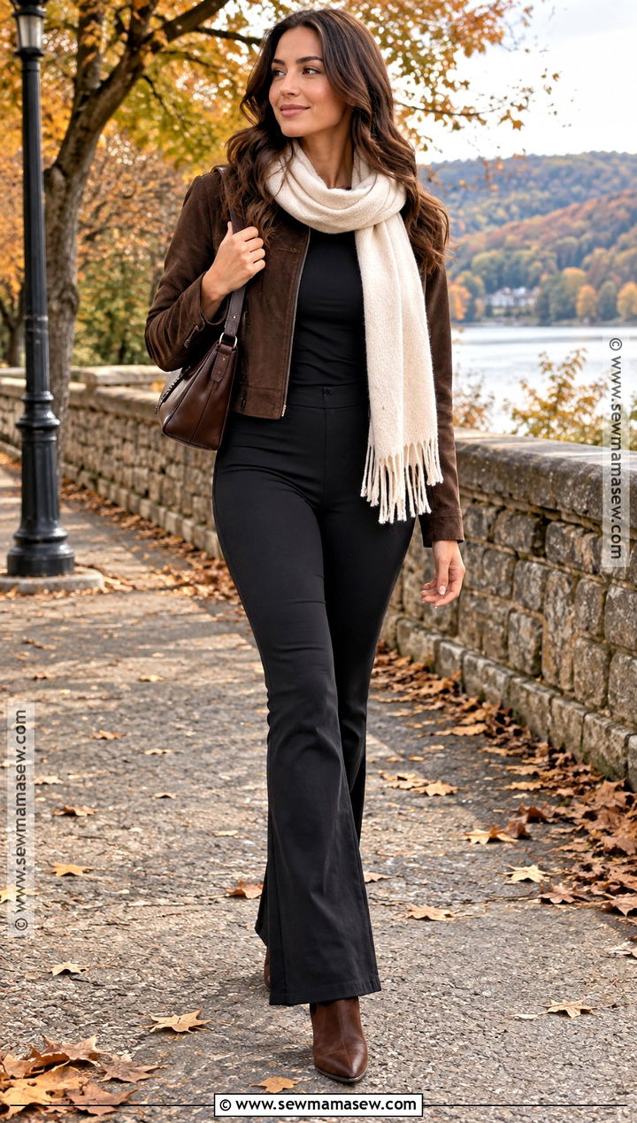 Black Flare Leggings With Brown Suede Jacket - 20 black flair leggings outfit fall