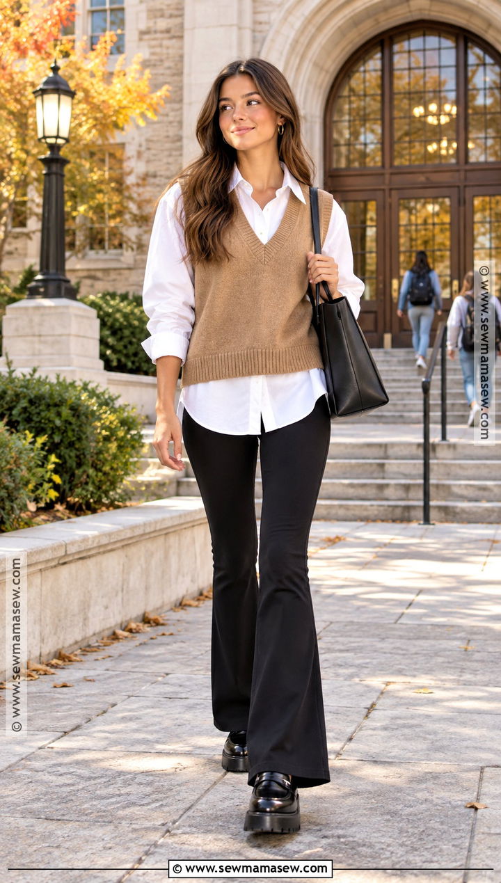 Black Flare Leggings With Button Down Shirt And Sweater Vest - 20 black flair leggings outfit fall