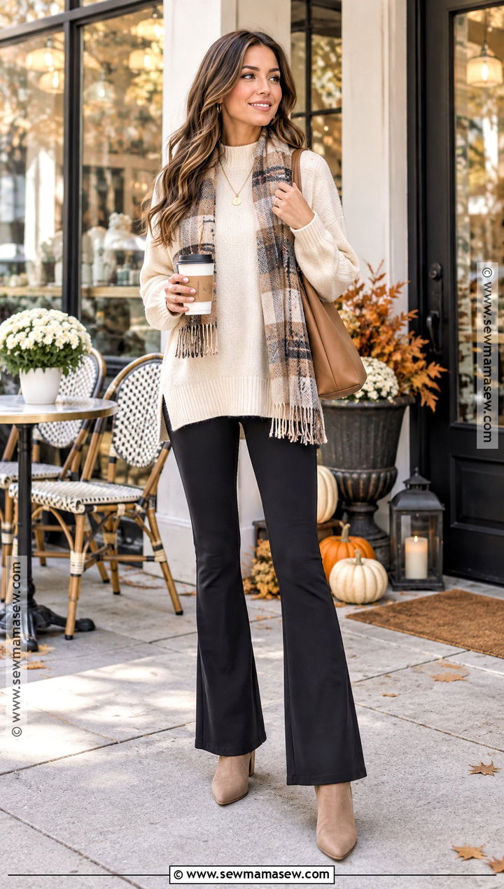 Black Flare Leggings With Cream Sweater And Ankle Boots - 20 black flair leggings outfit fall