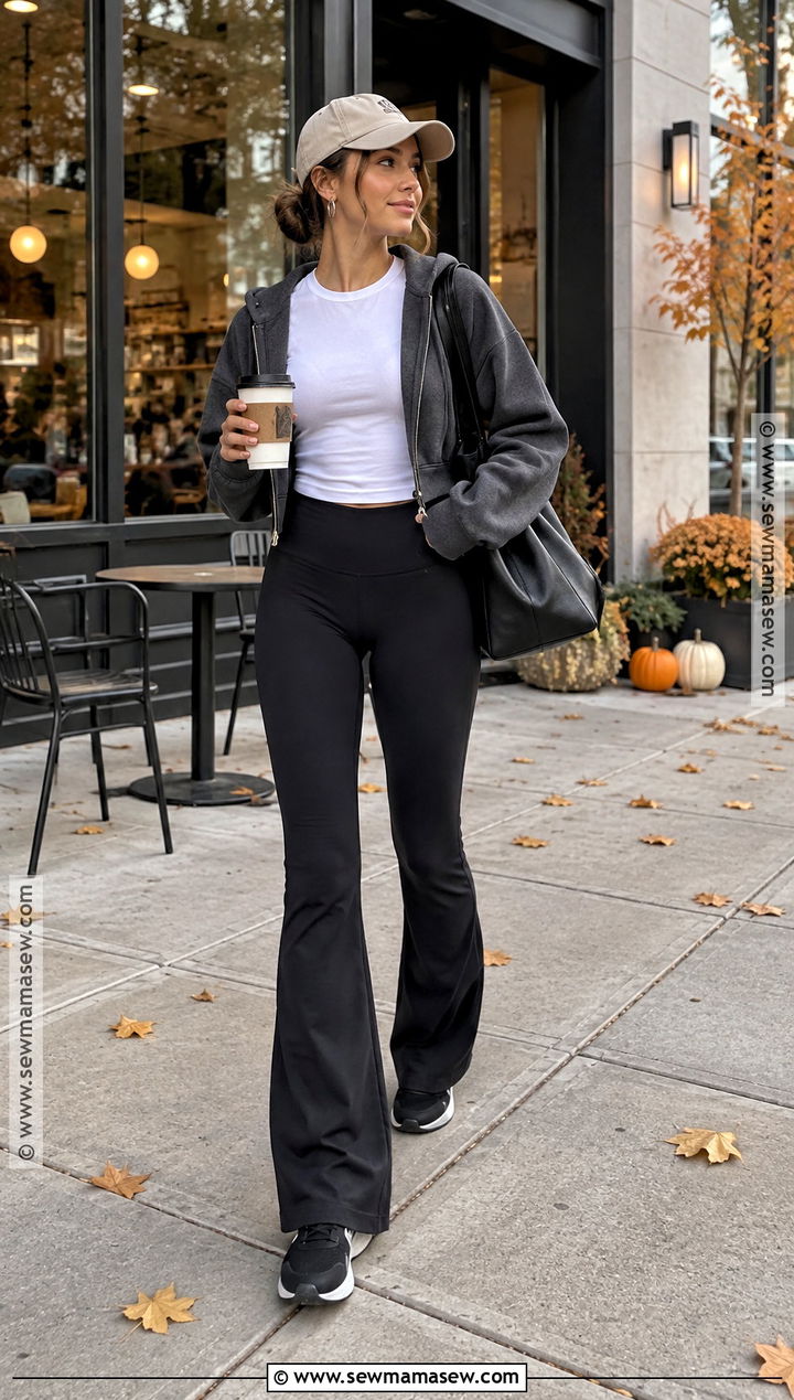 Black Flare Leggings With Zip Hoodie And Baseball Cap - 20 black flair leggings outfit fall