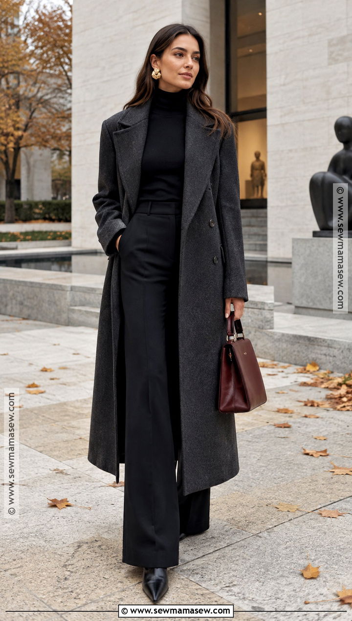 Black Flare Pants With Black Turtleneck And Long Wool Coat - 15 black flare pants outfit fall