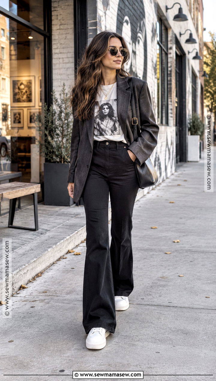 Black Flare Pants With Graphic Tee And Oversized Blazer - 15 black flare pants outfit fall