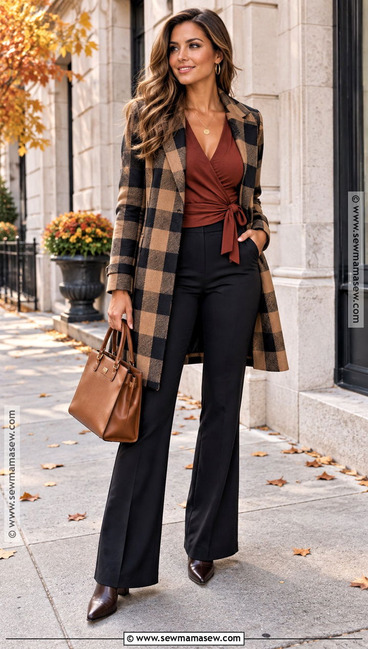 Black Flare Pants With Rust Wrap Top And Check Coat - 15 black flare pants outfit fall