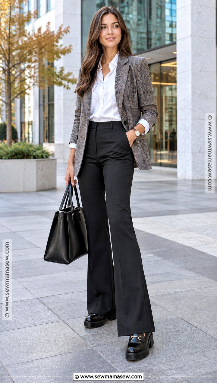 Black Flare Pants With White Shirt And Plaid Blazer - 15 black flare pants outfit fall