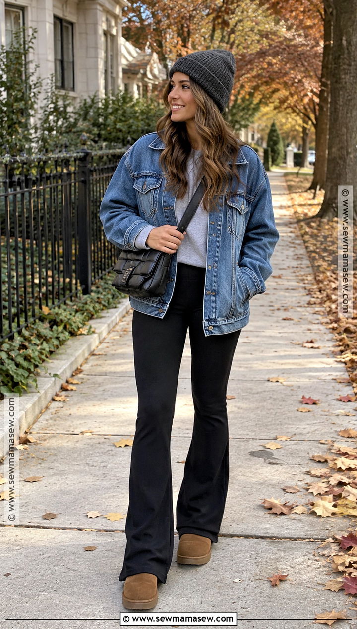 Black Flared Leggings With Denim Jacket And Shearling Boots - 20 Flared Leggings Outfit Autumn