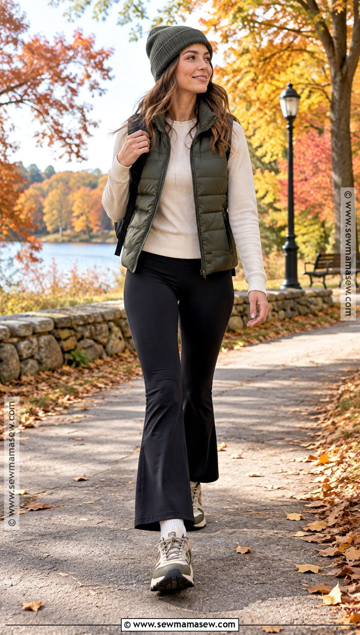 Black Flared Leggings With Puffer Vest And Trail Sneakers - 20 Flared Leggings Outfit Autumn