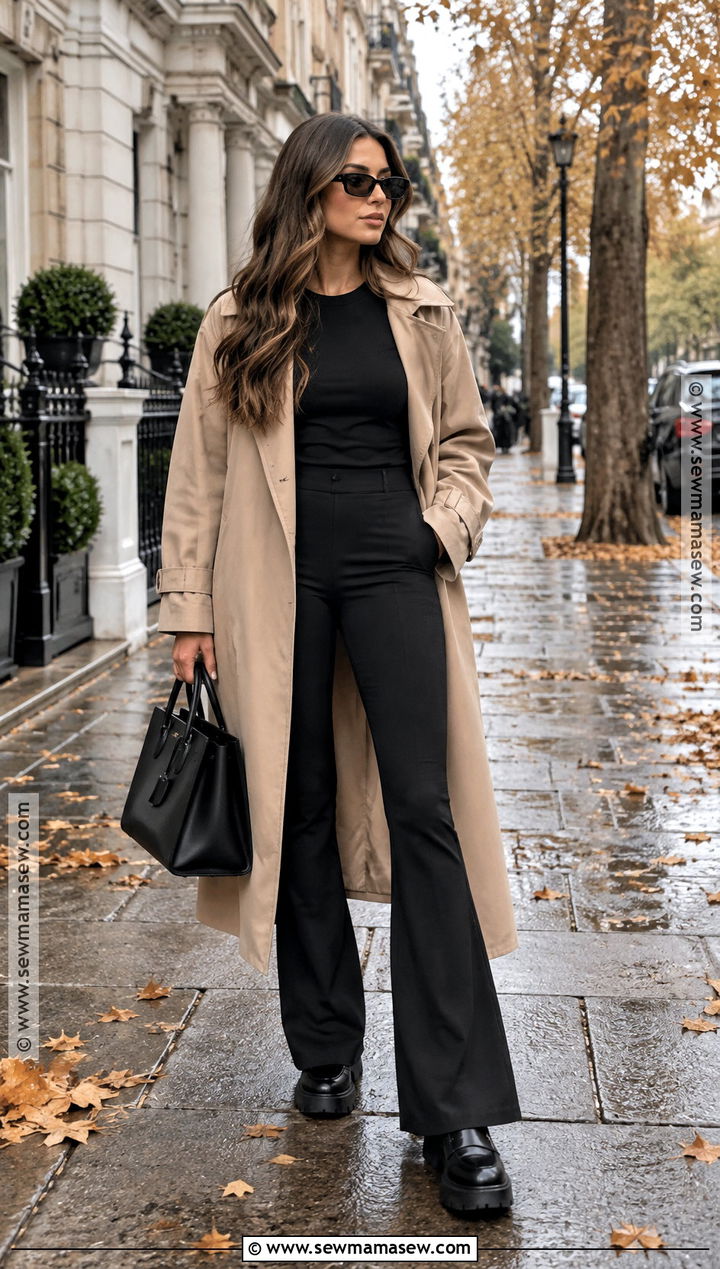 Black Flared Leggings With Trench Coat And Loafers - 20 Flared Leggings Outfit Autumn