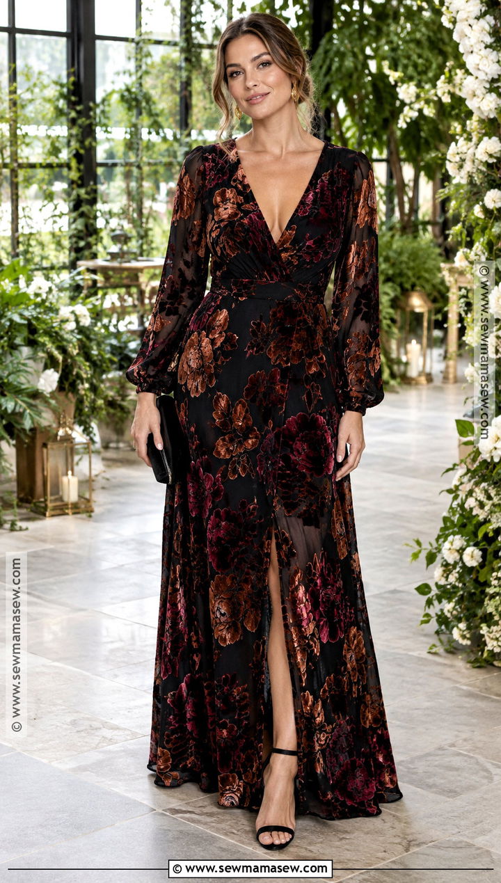 Black Floral Burnout Maxi Dress Outfit - 25 fall formal dresses wedding guest