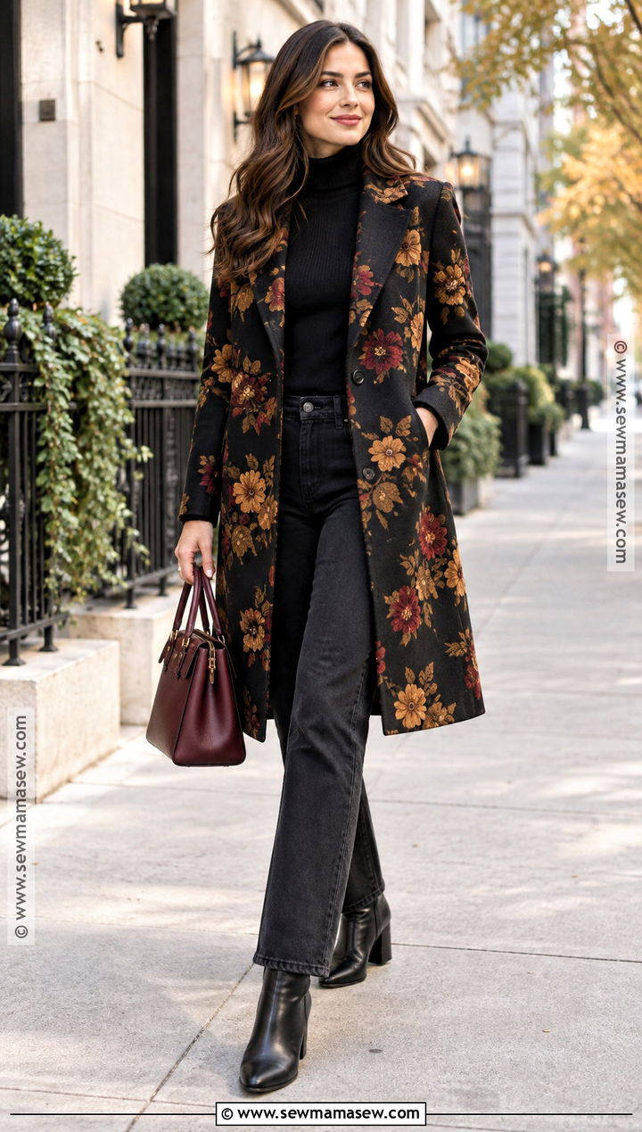 Black Floral Coat With Turtleneck And Straight Jeans - 15 autumn floral coat style ideas