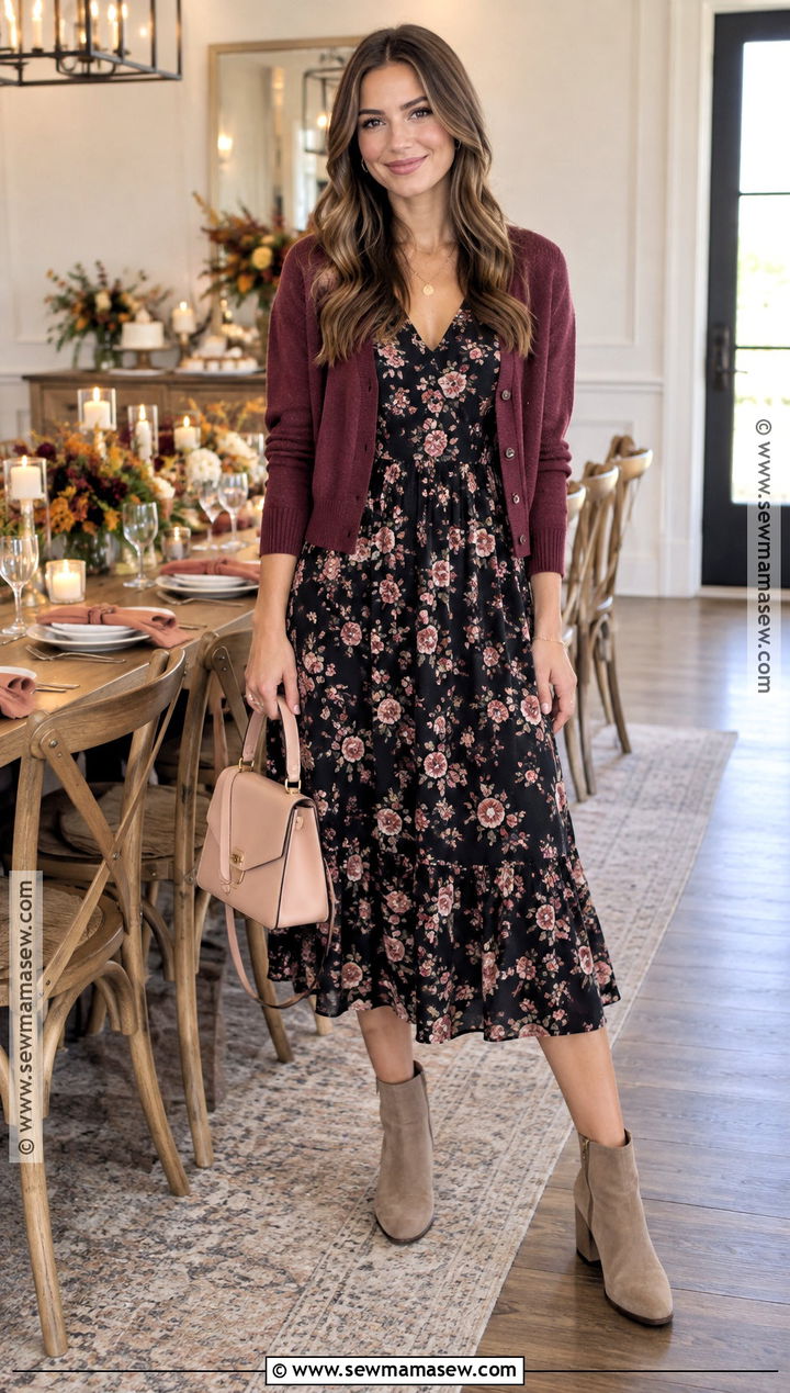 Black Floral Dress And Berry Cardigan Outfit - 15 bridal shower outfit for guest fall ideas