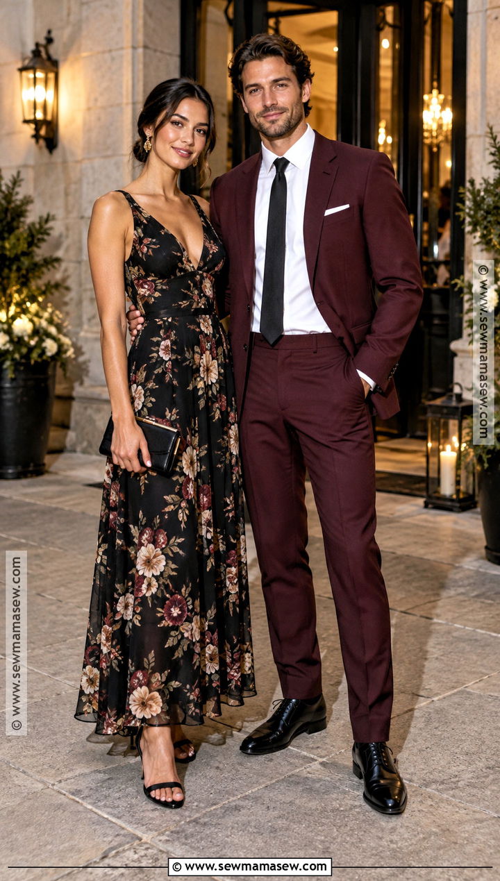 Black Floral Dress And Burgundy Suit Fall Wedding Guest Couple Outfit - 15 Wedding Guest Couple Outfit Fall Ideas
