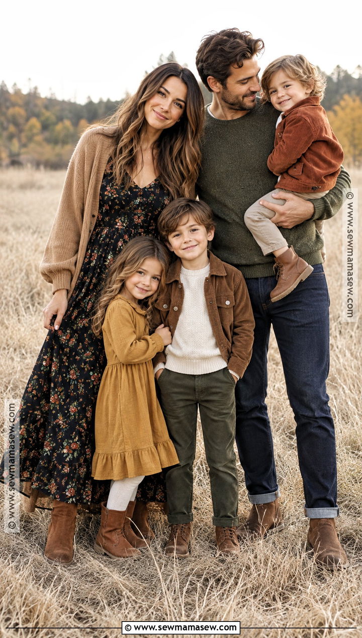 Black Floral Dress And Earth Tone Family Outfit - 15 boho fall family photos outfits