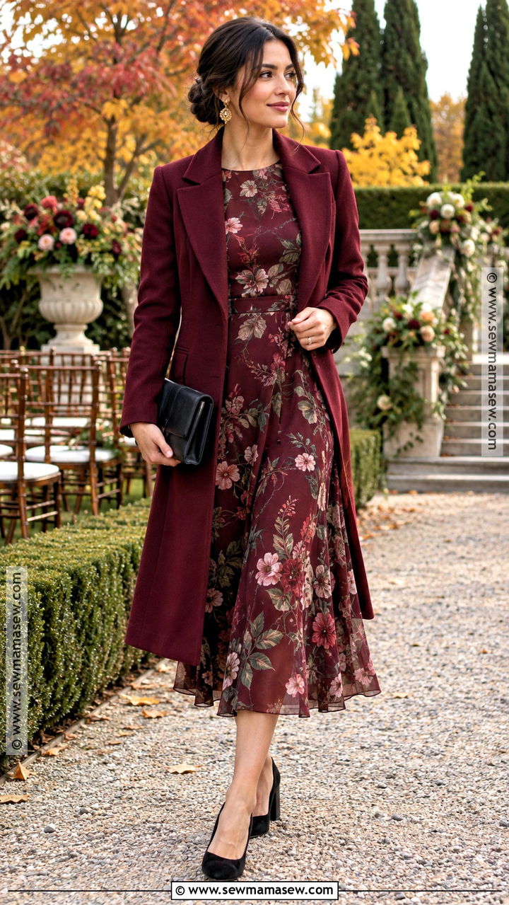 Black Floral Dress And Tailored Coat Fall Wedding Outfit - 20 fall outdoor wedding outfit guest ideas
