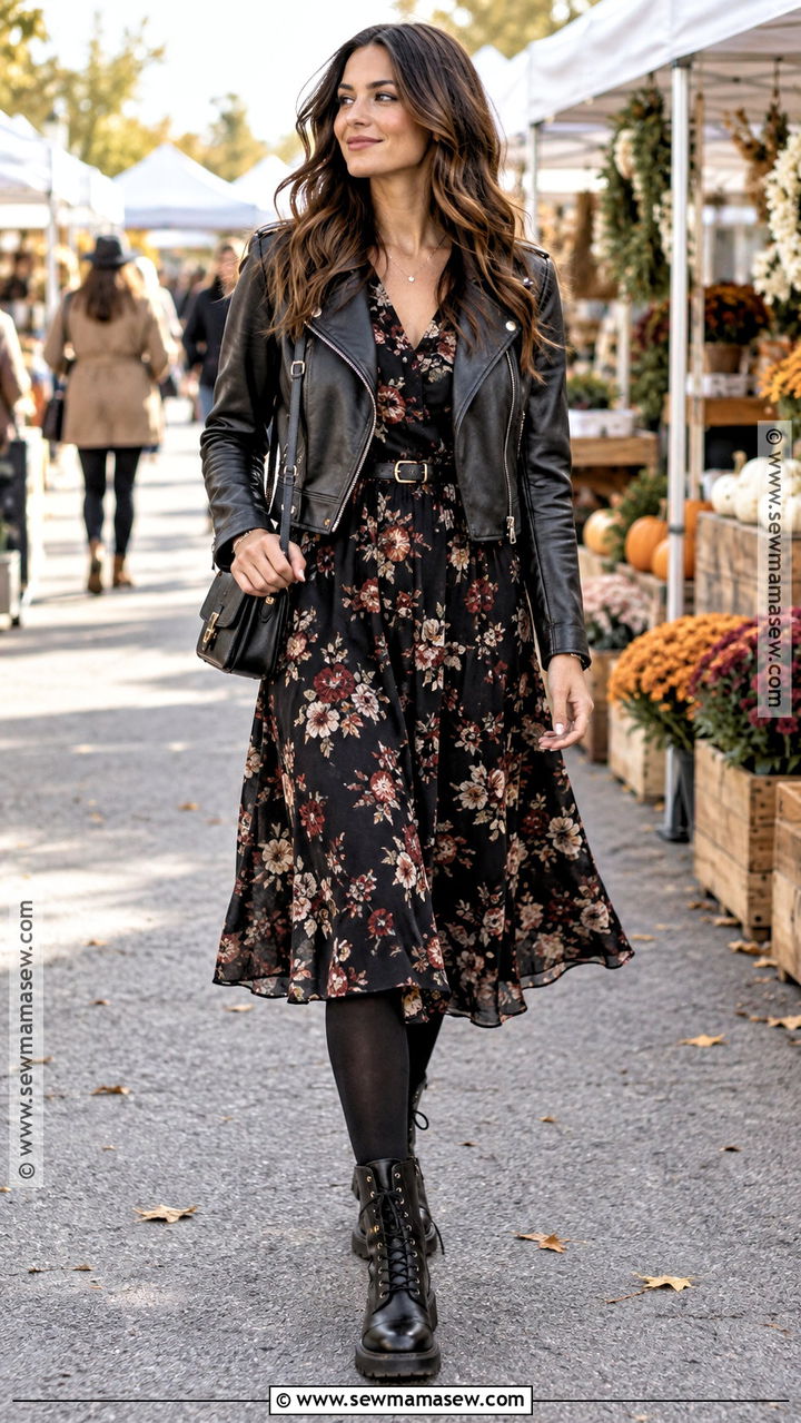 Black Floral Dress With Moto Jacket And Combat Boots - 20 fall black dress ideas