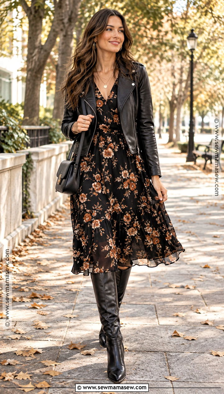 Black Floral Dress With Moto Jacket - 20 black dress autumn outfit ideas